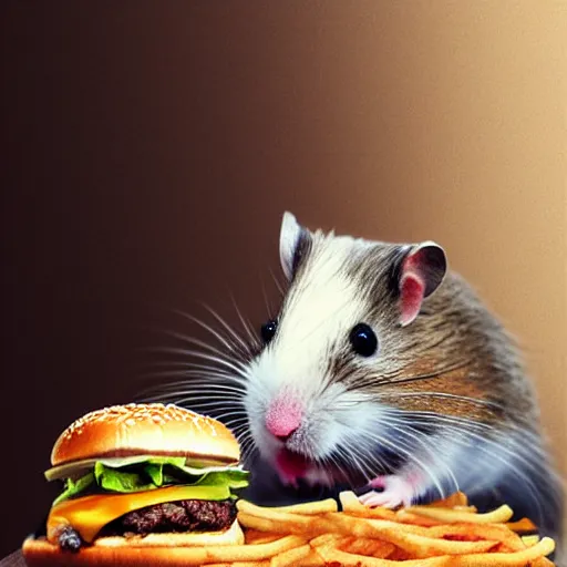 Prompt: a hamster eating a hamburger on a giant building,photorealiatic,hyperdetailed,hyperrealistic,studio lighting,studio photography,professional photography,professional lighting,detailed face,3 point lighting,4k,detailed face,hyperdetaiped,photorealistic,art by greg rutkowski,digital art