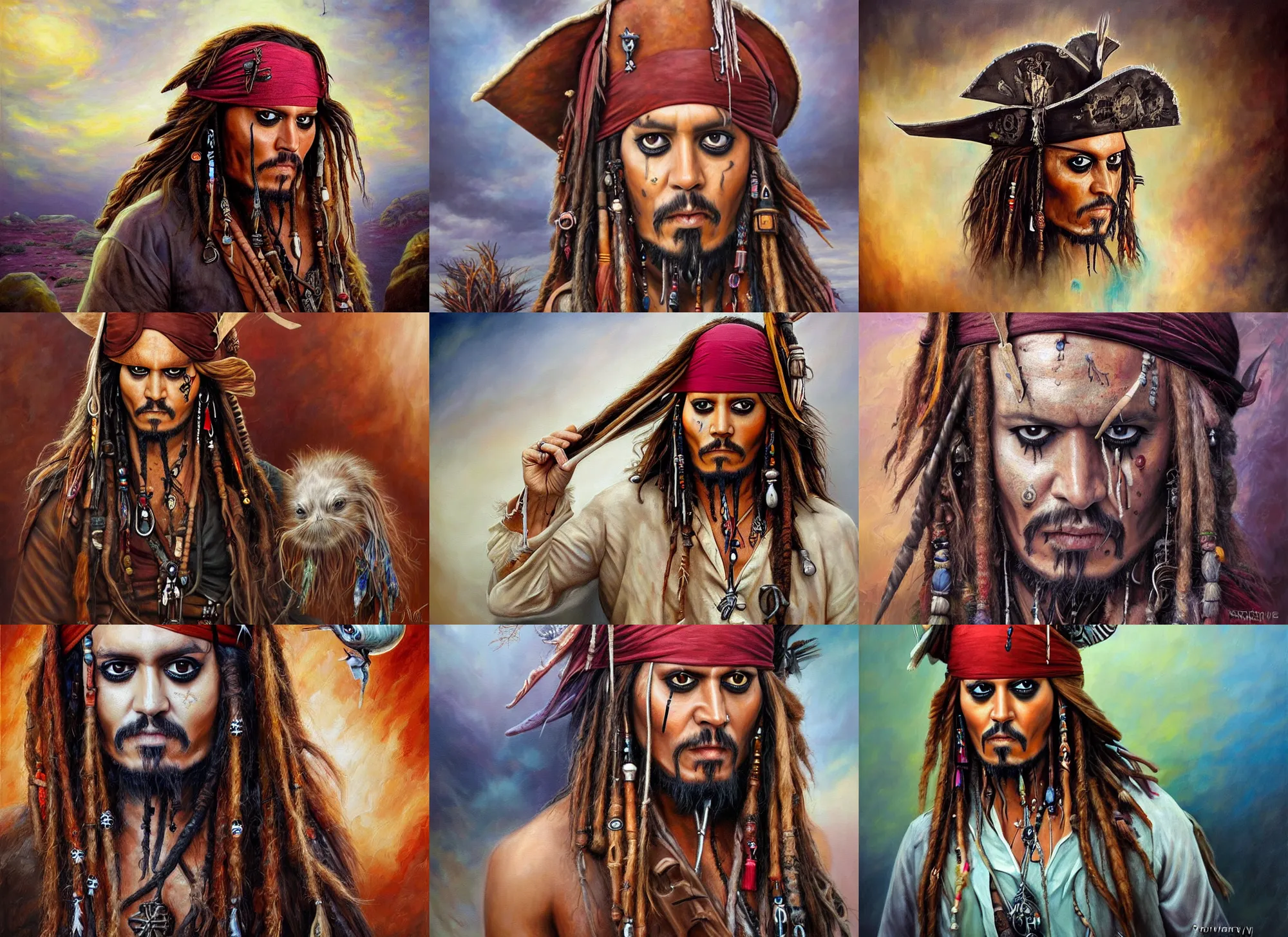 Prompt: jack sparrow portrait, peyote cactus desert, oil painting of gloomy abstract surrealist forms by yvonne mcgillivray by mandy jurgens by michael divine, powerful eyes glowing highly detailed painting of gloomy, spiritual abstract forms, symmetrical, artstation, abstract emotional rage expression, fantasy digital art, patterned visionary art, by michael divine, cosmic nebula