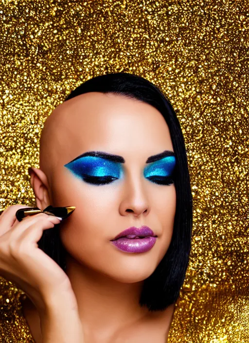 Image similar to wide shot photo of a beautiful bald woman with blue irises, gold and black makeup, tanned skin, dancing in gold rainstorm of glitter