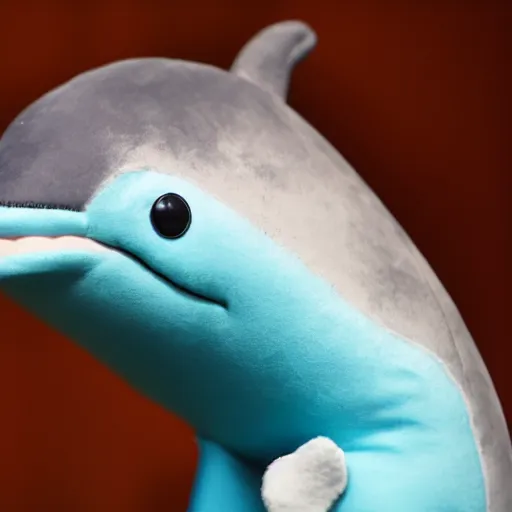 Prompt: close-up photograph of a happy dolphin, plush doll, 8k