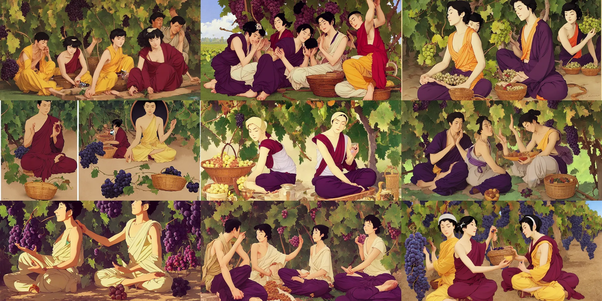 Prompt: buddhism, grape picking, in the style of studio ghibli, j. c. leyendecker, greg rutkowski, artem
