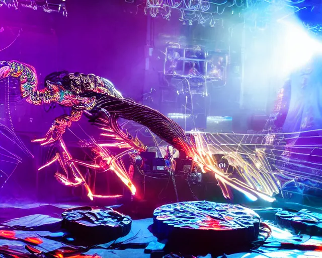 Image similar to Jumping Quetzalcoatl smashing computers, group of people on stage playing instruments, elaborate stage effects, dust, smoke, giant LED screens, colored projections, ultrafine detail, cybersuit, glowing thin wires, smoke, high contrast, projections, holography, volumetric lighting, cinematography by Jim Jarmusch