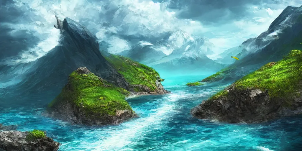 Image similar to concept art, beautiful nature, high mountains higher than clouds with green trees on top, a small wooden bridge connecting two mountains, ocean beneath the mountains with clear blue water, whales showing from the waves, cinematic, 8k, highly detailed