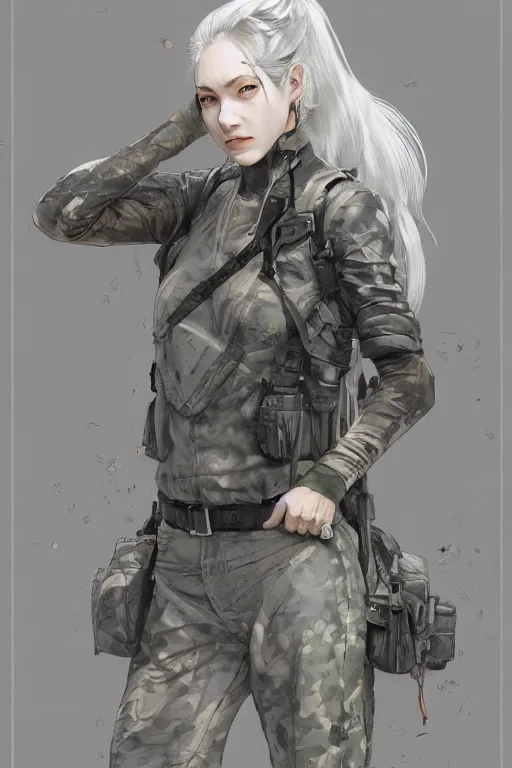 Prompt: girl, silver hair (ponytail), winking, multicam (camo), trending on artstation, detailed, cinematic portrait, ilustration by Takehiko Inoue (((and Yoann Lossel)))