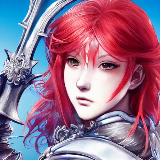 Prompt: a red haired female knight with a holy sword as an absurdly beautiful, elegant, sensual anime girl, blue background, ultrafine hyperrealistic detailed face illustration by kim jung gi, irakli nadar, intricate linework, sharp focus, bright colors, matte, octopath traveler, final fantasy, unreal engine highly rendered, global illumination, radiant light, intricate environment