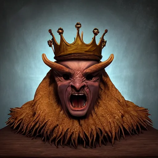 Prompt: a demon with a crown sitting on top of a table, a character portrait by vladimir kush, zbrush central contest winner, fantasy art, zbrush, dystopian art, rococo