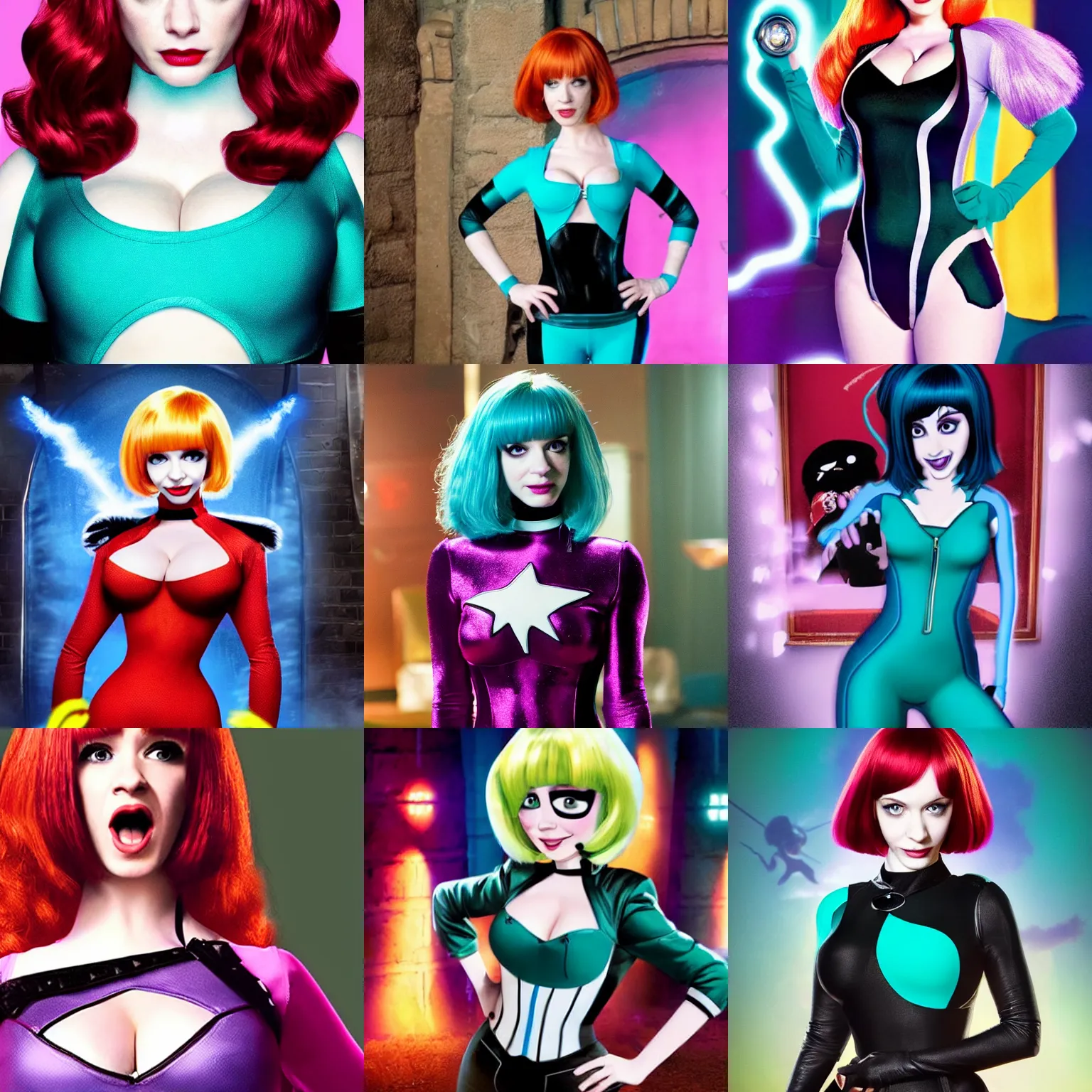 Prompt: a cinematic promotional image of christina hendricks as maddie fenton from the live - action netflix adaptation of danny phantom ; she has auburn hair and a bob cut with straight bangs ; she is wearing a heavy - duty protective teal bodysuit with a black neck