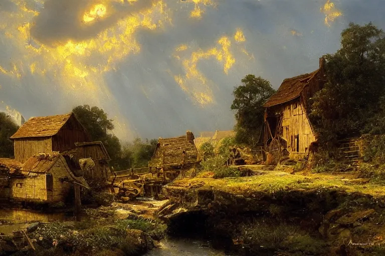 Prompt: a paint of a watermill golden hour by andreas achenbach