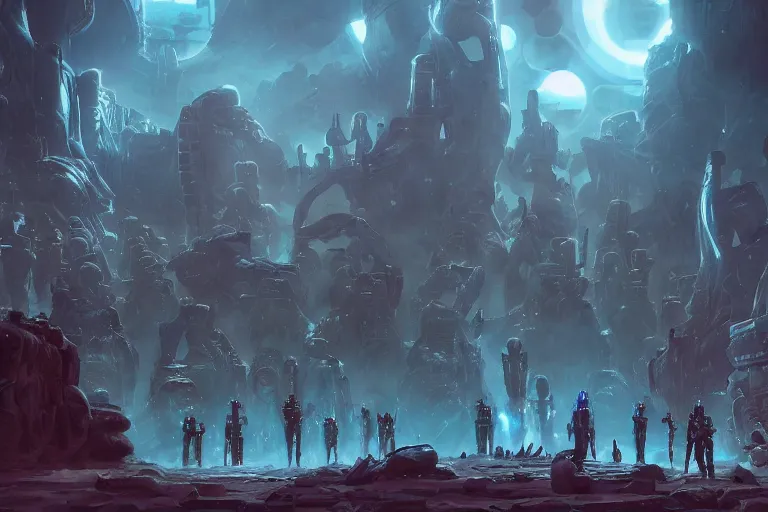 Image similar to ancient alien portral, a crowd of androids lined up for the portal, pilgrimage, in mad max style, stargate, coriolios rpg art style, full of details, dark sci - fi, cold blue colors, matte painting, artstation, 8 k, hyperrealistic, style of peter mohrbacher