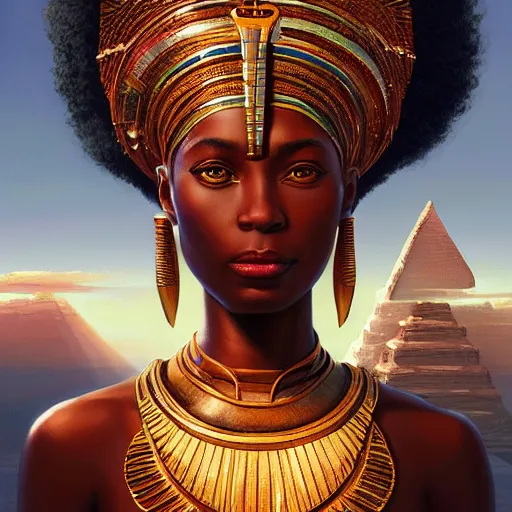 Prompt: highly detailed portrait of an african egyptian goddess achieving immortality, intricate alien technology, stephen bliss, unreal engine, fantasy art by greg rutkowski, loish, rhads, ferdinand knab, makoto shinkai and lois van baarle, ilya kuvshinov, rossdraws, tom bagshaw, global illumination, radiant light, detailed and intricate environment