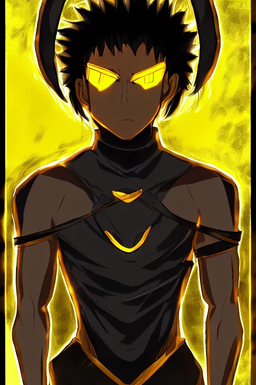 Image similar to glowing black male anime character, short golden hair, yellow eyes, symmetrical, highly detailed, digital art, sharp focus, trending on art station, samurai, electricity superpowers, anime art style