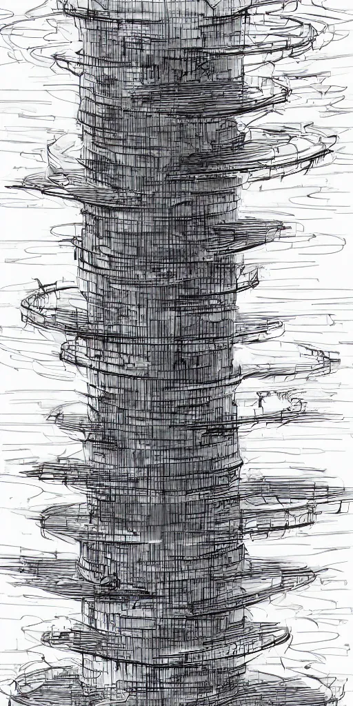 Prompt: concept art of a never - ending tower spiralling into the air