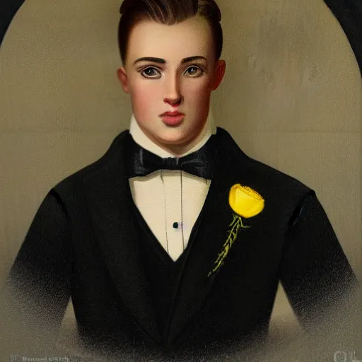 Prompt: full body portrait of a young handsome melancholic male model with slicked back red hair, a symmetrical clean - shaven face and white eyes, wearing a white tuxedo jacket with a yellow popper flower in its lapel, symmetry, reflection, mirrors, myth of narcissus, perfectly symmetrical composition, rule of thirds
