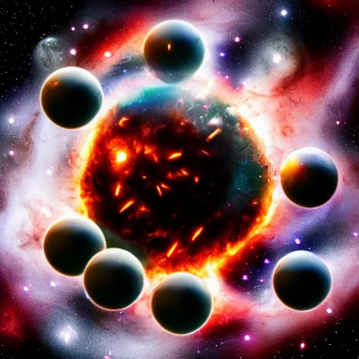 Image similar to army of balls with universes inside, hubble background, amazing, fire, 5 5 mm