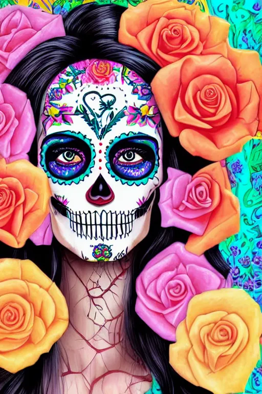 Prompt: Illustration of a sugar skull day of the dead girl with roses art by Sandra Chevrier, Lisa Frank