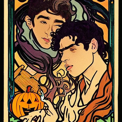 Image similar to tarot card of young cute handsome beautiful dark medium wavy hair man in his 2 0 s named shadow taehyung and cute handsome beautiful min - jun together at the halloween party, bubbling cauldron, candles, smoke, autumn colors, elegant, stylized, soft facial features, delicate facial features, art by alphonse mucha, vincent van gogh, egon schiele