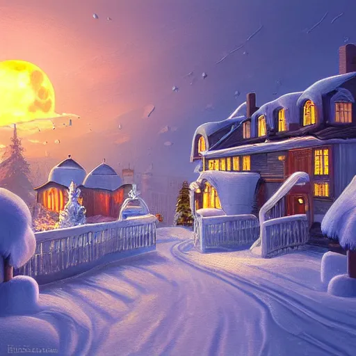 Image similar to winter city scape inspired by Evgeny Lushpin, Peter Zumthor cinematic,sunset,full moon