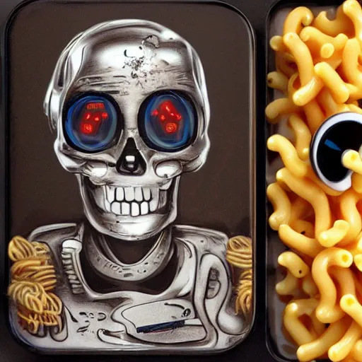 Image similar to sci-fi macaroni and cheese serviced out of a cyborg robot skull. photograph.