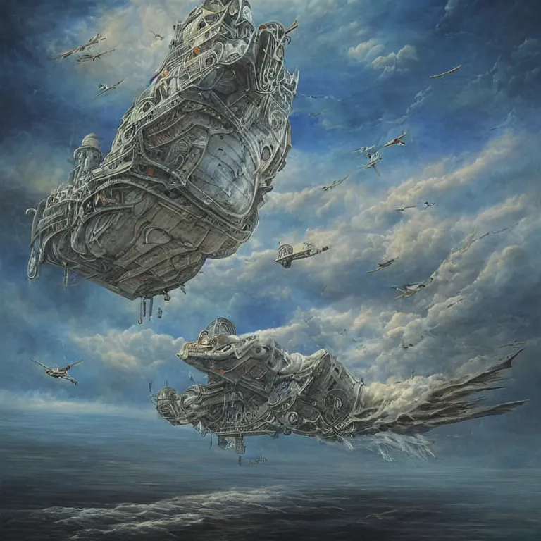 Image similar to flying ship by tomek setowski, surreal oil painting, dream like, highly detailed, symmetry, masterpiece