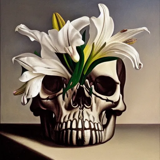 Prompt: a painting of a skull with diamonds in its eyes surrounded by white lilies all in front of a dark shadowy background in the style of a still life painting by francisco de zurbaran