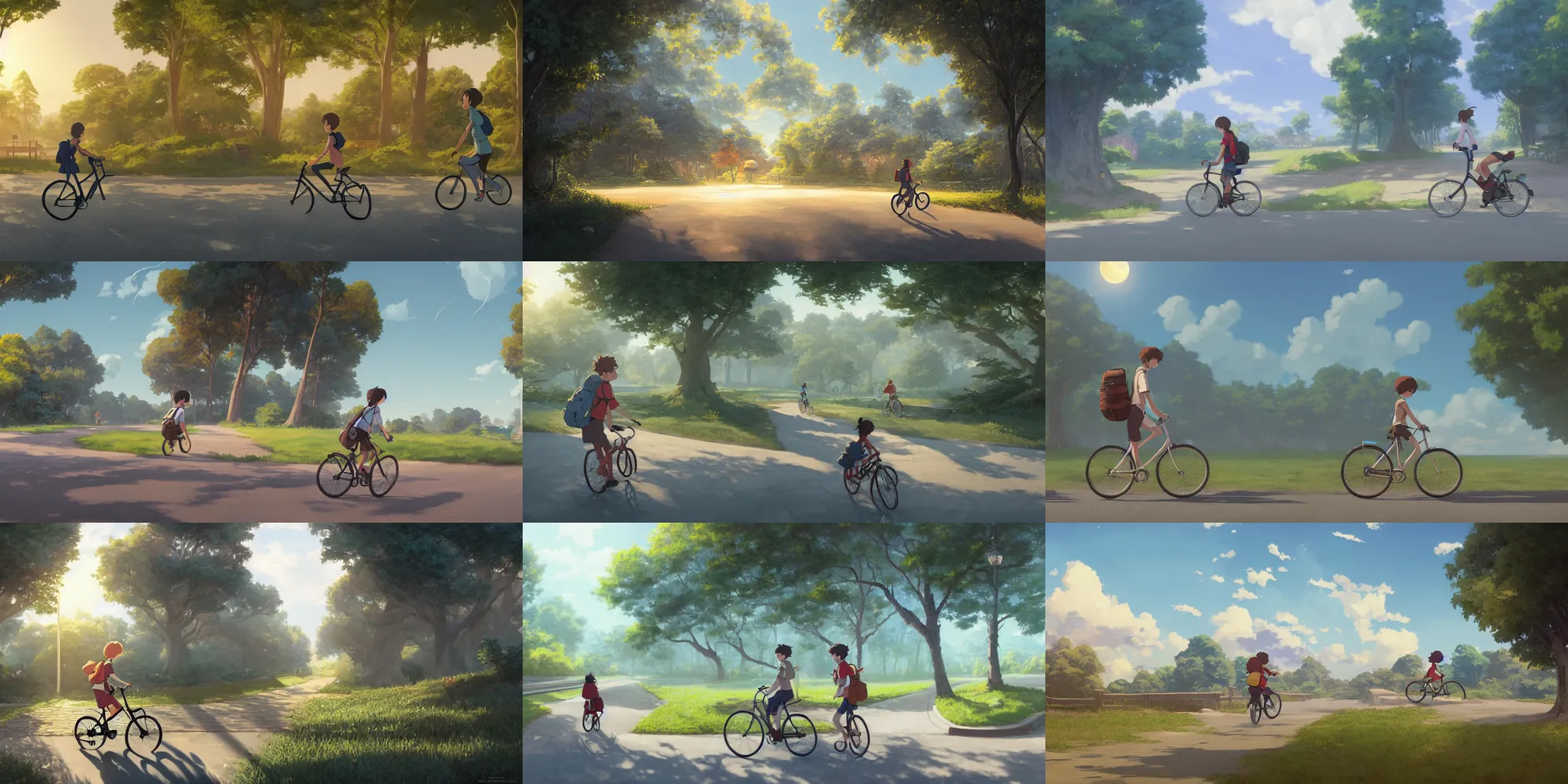 Prompt: cottagecore illustration of a student cycling to school on a peaceful morning, studio Ghibli, Pixar and Disney animation, sharp, Rendered in Unreal Engine 5, anime key art by Greg Rutkowski, Bloom, dramatic lighting from Makoto Shinkai, sunrise