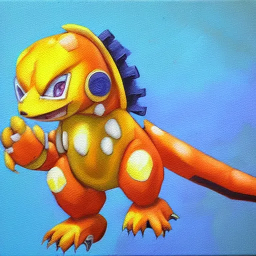 Image similar to agumon from digimon, oil on canvas