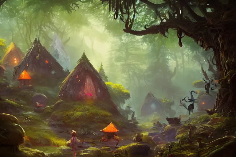 Prompt: detailed painting of fairy huts in the moosy forest clearing near waterfall, in the style of peter mohrbacher, james jean, artgerm, dramatic lighting and composition, surreal background, octane render, pixar, trending on artstation, concept art, 8 k