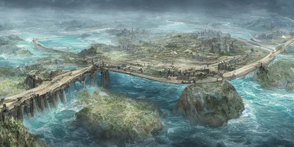 Image similar to illustration, concept illustration, a single giant ancient city on a single bridge, giant continent bridge build over the ocean in a straight line that developed into a grand city, fading into the distance