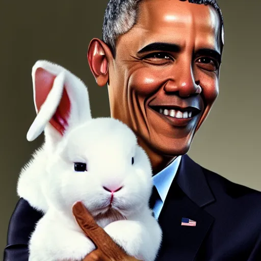 Image similar to Obama holding a small white bunny, realistic, ultra high detail, 8k.