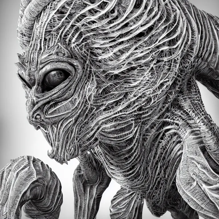 Image similar to surreal spinal ribbed tribal exotic organic face portrait of a beautiful alien animal creature monster, beautiful detailed intricate insanely detailed BW 3D render digital art, octane render, 8K artistic photography, photorealistic