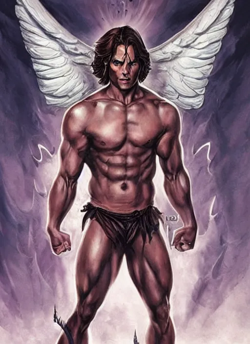 Image similar to attractive Sam Winchester as a muscular angel with demon wings wide open, whole body tattooed with runes and satanic symbols, D&D!, fantasy style, sharp focus!, ultra detailed, art by Artgerm and Peter Andrew Jones, WLUP