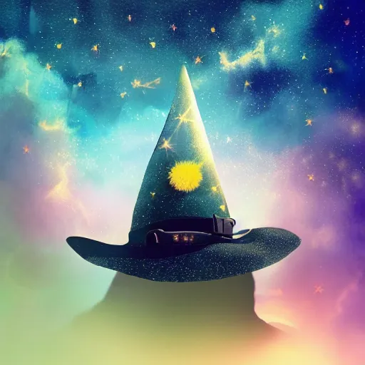 Prompt: a detailed picture of stars and a nebula shaped like a cow in a grassy field wearing a witch hat, cow wearing hat!!! viewed in profile and far away, fog in the background, ultrawide lens, aerial photography, black and blue color scheme with gold highlights, art by kirby, artstation, 8 k