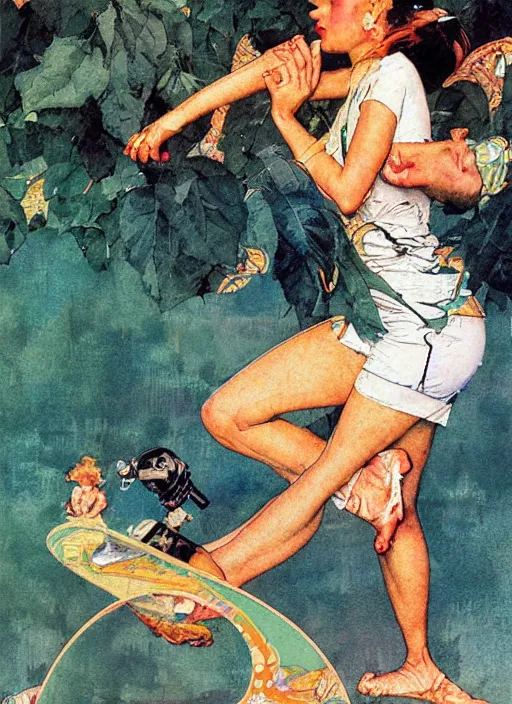 Image similar to an art nouveau copic maker close up illustration of girl doing yoga at high speed by norman rockwell and john berkey