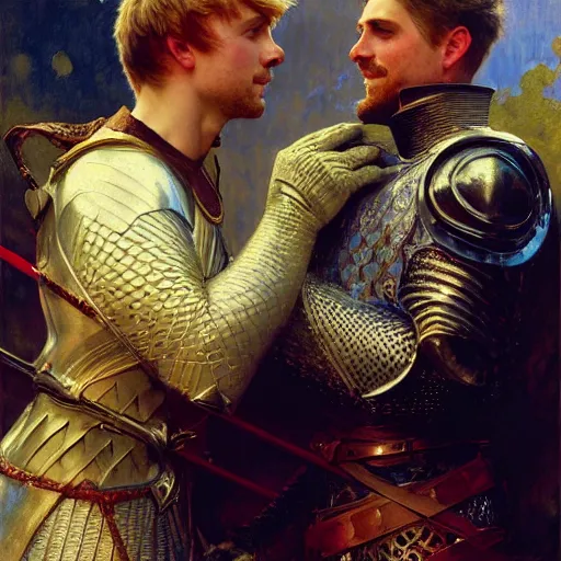 Image similar to attractive arthur pendragon and his attractive male knight, they are in love, natural lighting, path traced, highly detailed, high quality, digital painting, by gaston bussiere, craig mullins, alphonse mucha j. c. leyendecker