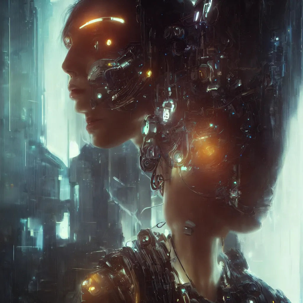 Prompt: portrait of a cyberpunk beautiful young woman by Greg Rutkowski, close-up,biomechanical, very highly detailed, futuristic, digital engine, cinematic, 8k,luminous, Blade Runner mood