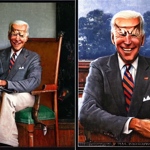 Image similar to eye level portrait painting by Norman Rockwell of Joe Biden sitting in a chair at a 45 degree angle from the camera. Cozy fire. Legs apart