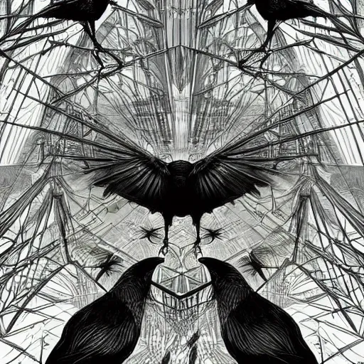 Image similar to crows at a architectural complex with an occult witch by Android Jones and M. C. Escher collaboration, futurist, digital art, dramatic lighting, symbolic