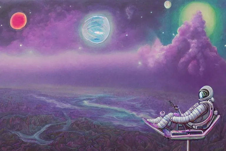 Prompt: surreal painting by chesley bonestelll!!, 1 2 an astronaut sitting near a river + psychedelic vegetation + purple, pink, blue + planets and stars + mystic fog, 5 0's vintage sci - fi style, rule of third!!!!, line art, 8 k, super detailed, high quality