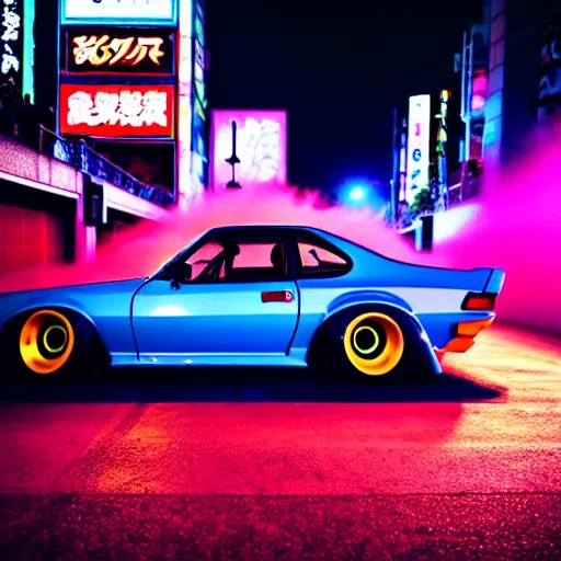 Image similar to a car S30 turbo drift at illegal car meet, shibuya prefecture, sunset night mist neon lights, cinematic color, photorealistic, highly detailed wheels, highly detailed