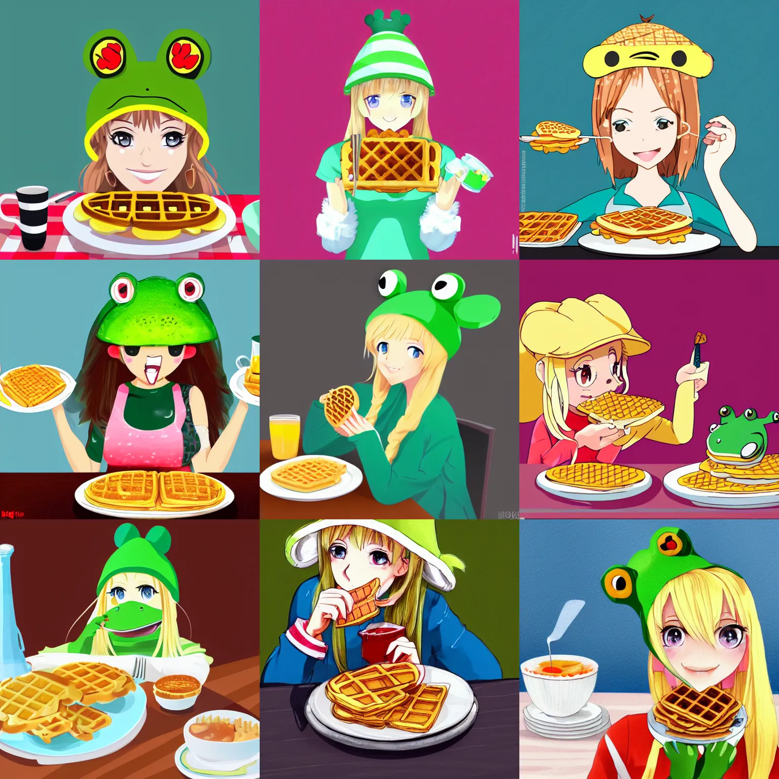 Prompt: cute blonde girl wearing a frog hat eating waffles for breakfast, trending on art station, anime style, 2 d