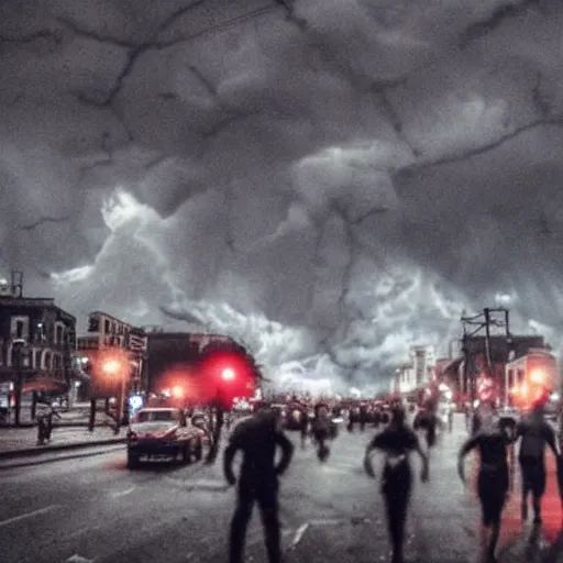 Image similar to City streets Dark night with grey and red bubble clouds in the sky with skull faces in the clouds. Electrical storm hitting the people trying to run for cover