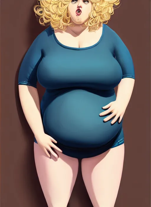 Image similar to full body portrait, teenage betty cooper, blonde hair, obese, bangs, ponytail, sultry, realistic, sultry smirk, fluffy bangs, curly bangs, fat, belly, beautiful girl, intricate, elegant, highly detailed, digital painting, artstation, concept art, smooth, sharp focus, illustration, art by wlop, mars ravelo and greg rutkowski