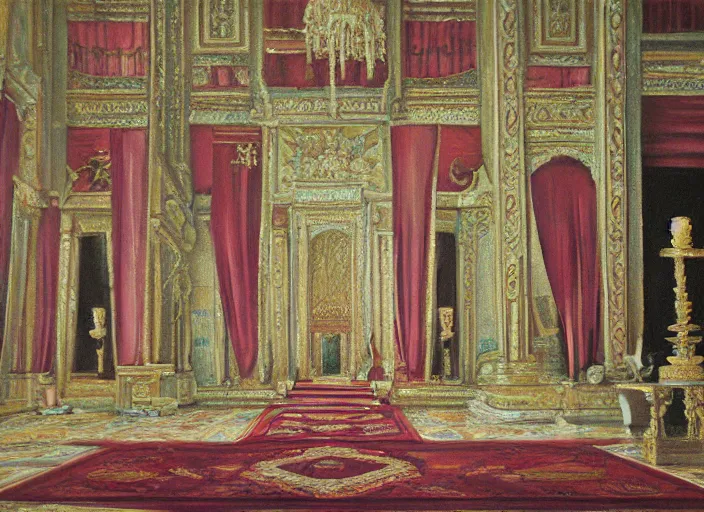 Prompt: inside of a gigantic palace throne room oil painting