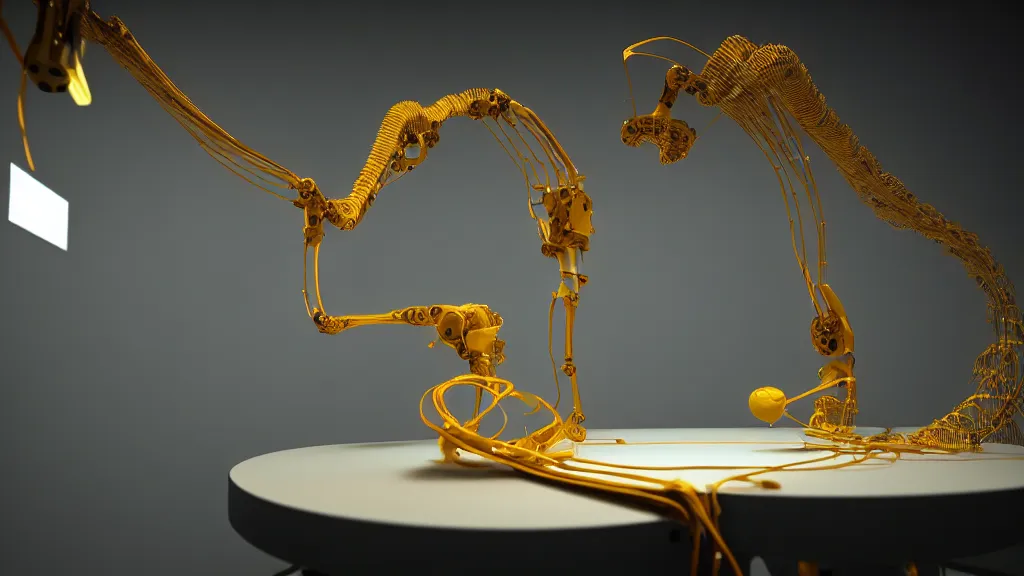Image similar to a complex bifurcated robotic cnc surgical arm hybrid 3 d printer machine making organic ceramic kintsugi mandlebulb forms in the laboratory room, very thin gold wire, film still from the movie directed by denis villeneuve with art direction by salvador dali, wide lens, f 3 2, cinematic lighting, studio quality, smooth render, unreal engine 5 rendered, octane rendered
