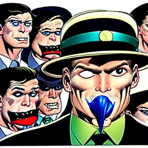 Image similar to drawing gotham city's finest investigative reporter jack ryder with 1 4 tiny jokers all in his mouth, 4 k art by brian bolland, graphic novel art