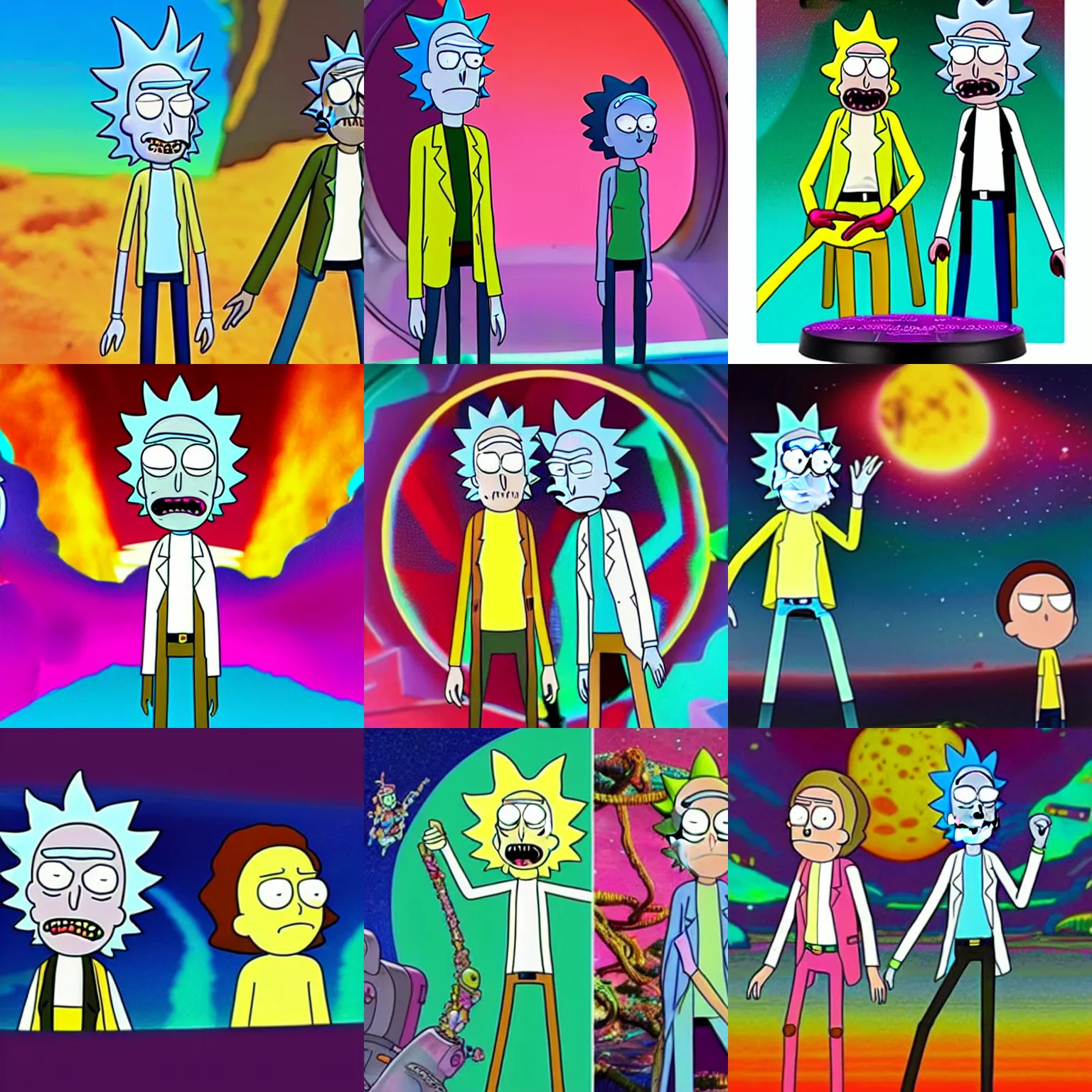 Prompt: rick and morty as a pixar figurine, vibrant, hyperrealistic, maximalism, mystical, ornate, intricate