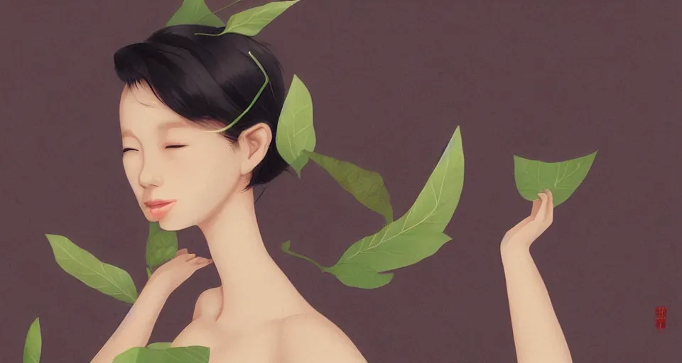 Prompt: asian female wearing leaf costume, contrast lightning, rough dark background, art by dannylailai, by hsiao ron cheng