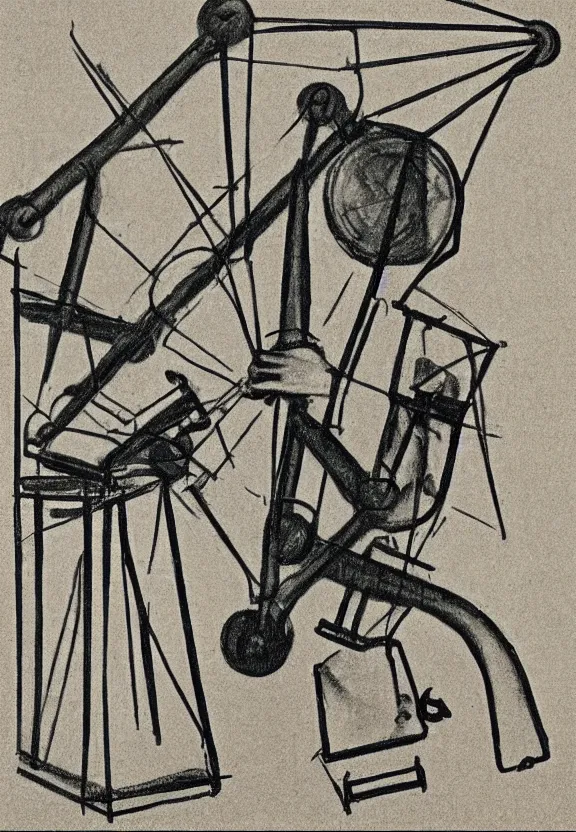 Image similar to a concept drawing of marcel duchamp holding up a chess - piece wire - machine, a surrealist painting by marcel duchamp, complex artificial - intelligence machinery, minimal sketch flow - chart, academic art, 1 9 2 0 s