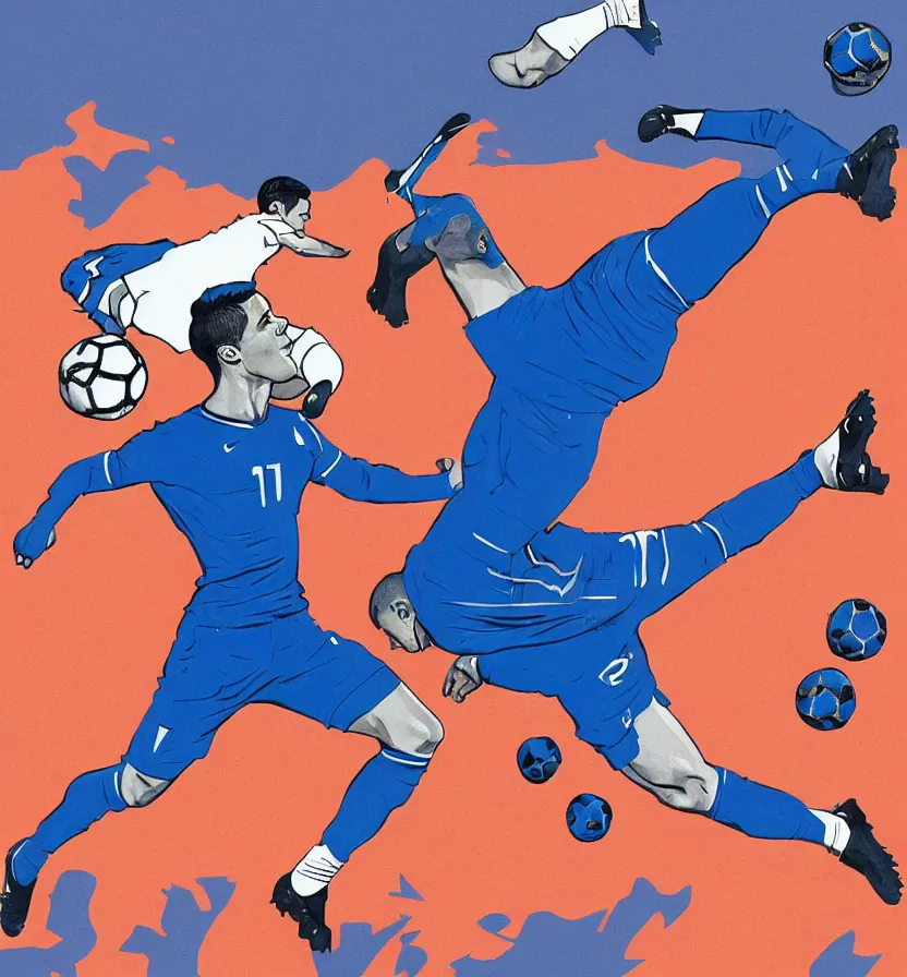 Prompt: cristiano Ronaldo tackling a blue meat ball in the style of illustration of wojtek siudmak, football, nike