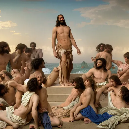 Prompt: an extremely detailed matte painting of a ridiculously good looking supply side jesus that looks like a jewish gigachad with his 1 2 apostle entourage droing keg stands, long curly hair, elegant ancient greek dress, very detailed, windy beach, beautiful, intricate, cinematic, artstation, william bouguereau, alphonse mucha, greg rutkowski, rossdraws, octane render